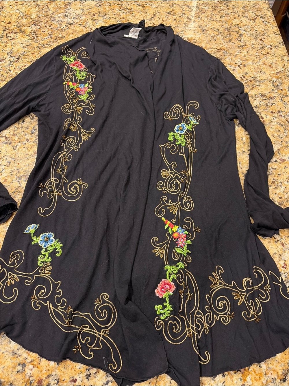 Krista Lee Black Embroidered Floral Open-Front Women's Cape Jacket